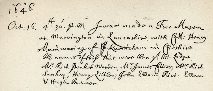 Elias Ashmole, whose 1646 diary entry is a benchmark for speculative Freemasonry.