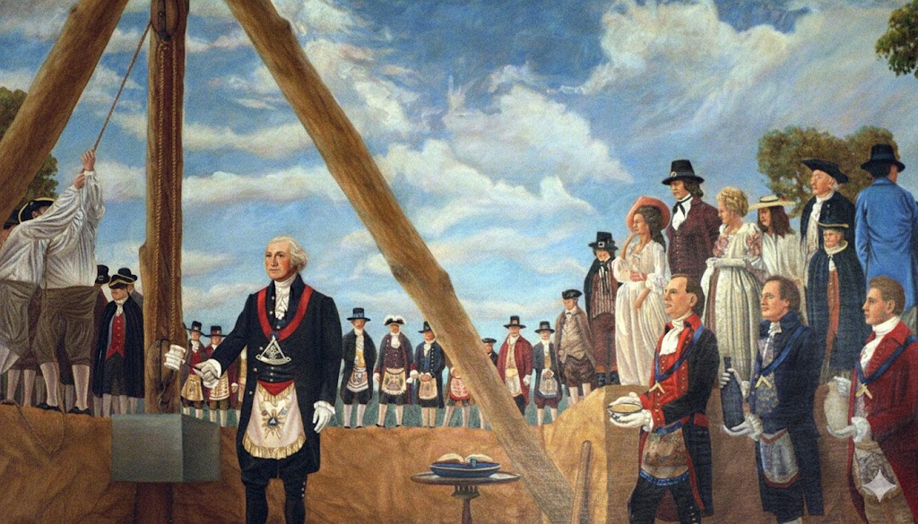 A painting depicting George Washington in Masonic regalia, laying the cornerstone of the U.S. Capitol.