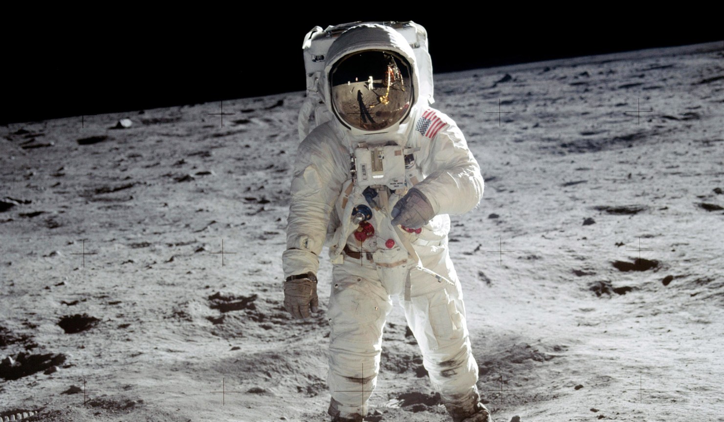 Astronaut Buzz Aldrin standing on the lunar surface during the Apollo 11 mission.