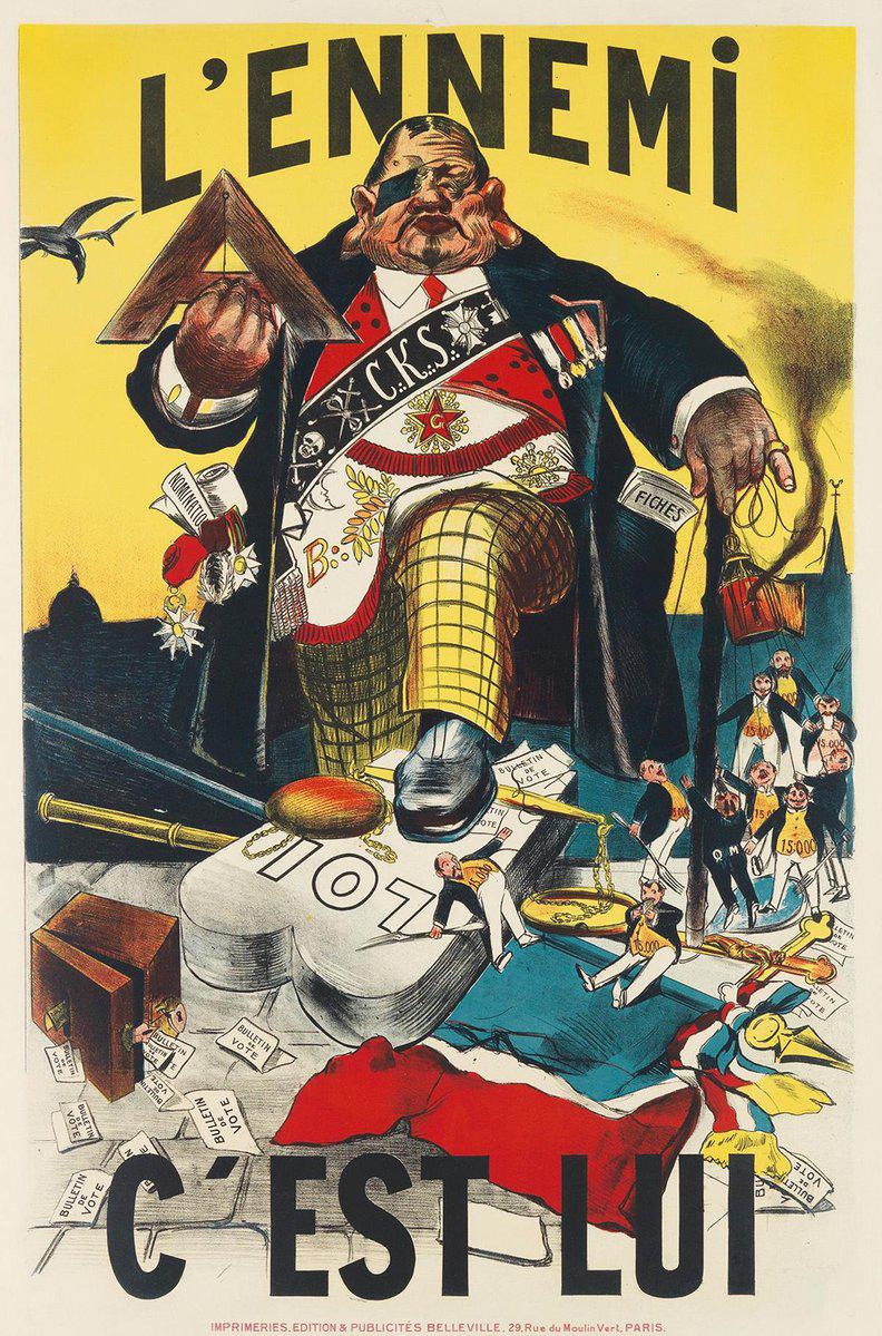 An anti-Masonic illustration depicting Freemasonry as trampling upon the French Republic and the Law. The fiches (cards) are visible in his right pocket, and the word NOMINATION, along with the Legion of Honour medals, alludes to the numerous scandals surrounding the awarding of the Legion of Honour at that time. The Masonic sash marked “C∴K∴S∴” refers to the Chevalier Kadosh, a then-controversial degree of the Ancient and Accepted Scottish Rite, regarded by anti-Masons as anti-clerical.