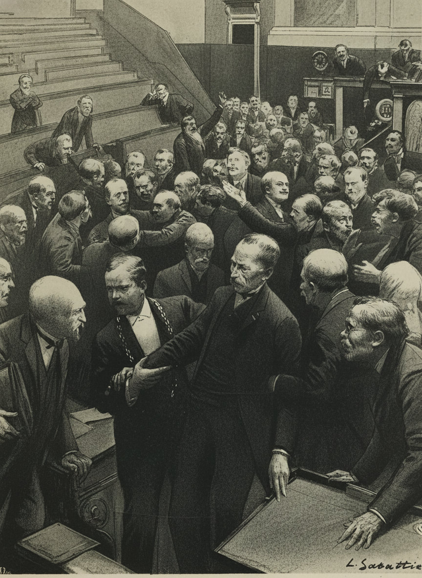 An illustration of the chaotic 1904 session in the French Chamber of Deputies.