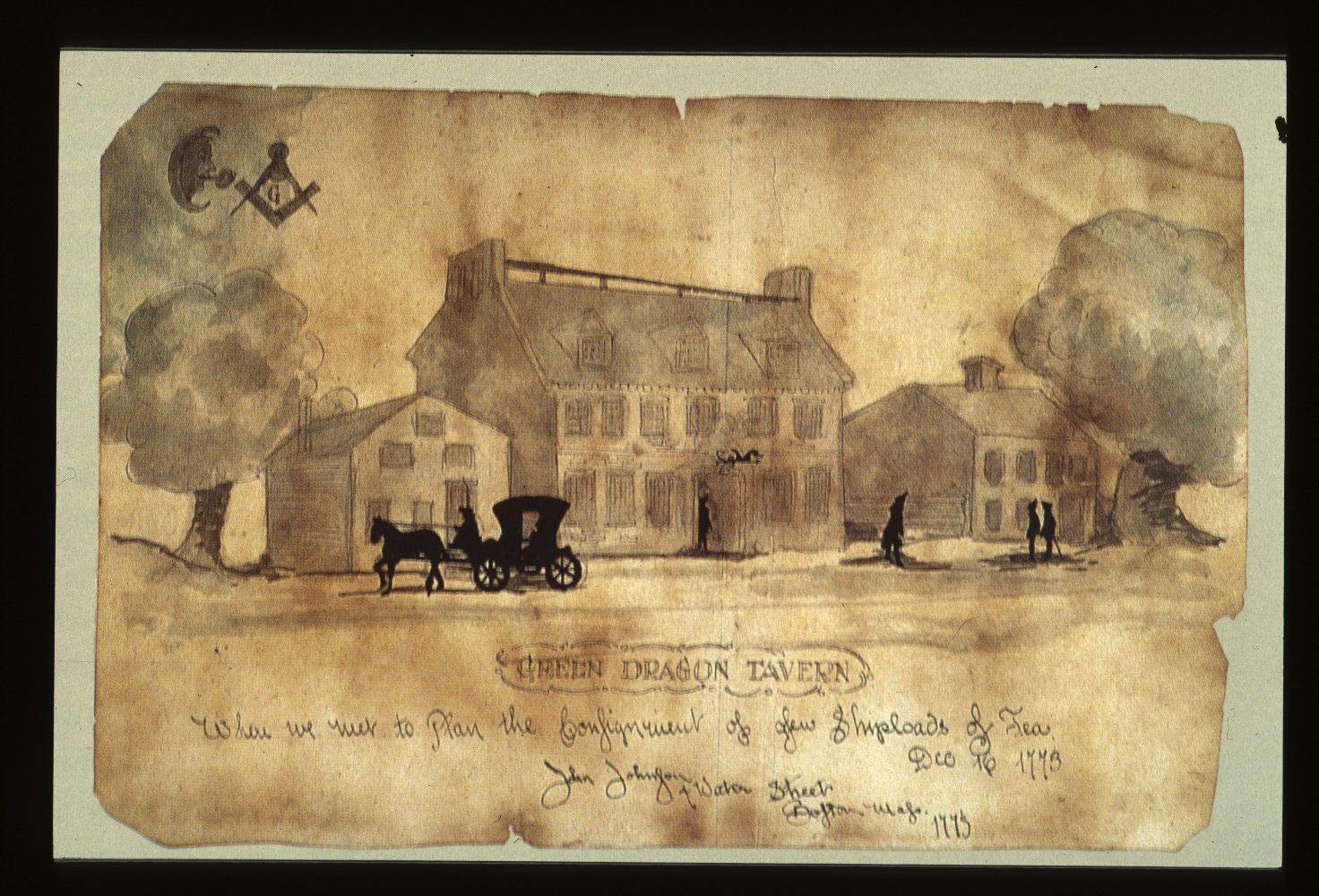 A historical illustration of the Green Dragon Tavern, the 'Headquarters of the Revolution'.