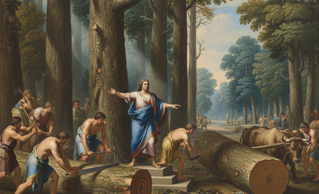 An illustration depicting Adoniram directing workers in the forests of Lebanon for the Temple.