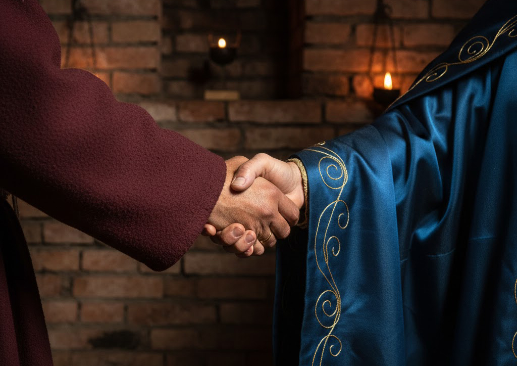 A Mithraic relief depicting the 'syndexioi,' or ritual handshake, between Mithras and Sol.