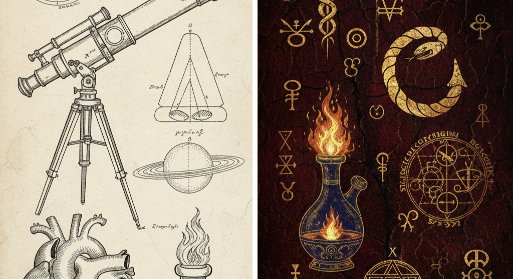 A split image contrasting Enlightenment-era scientific diagrams with mystical or alchemical symbols.