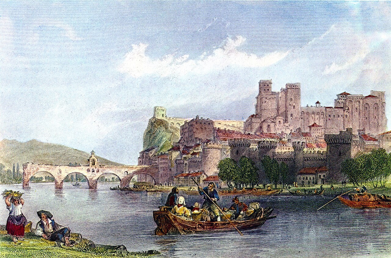 A depiction of 18th-century Avignon, highlighting the Palais des Papes, which was a papal enclave at the time.