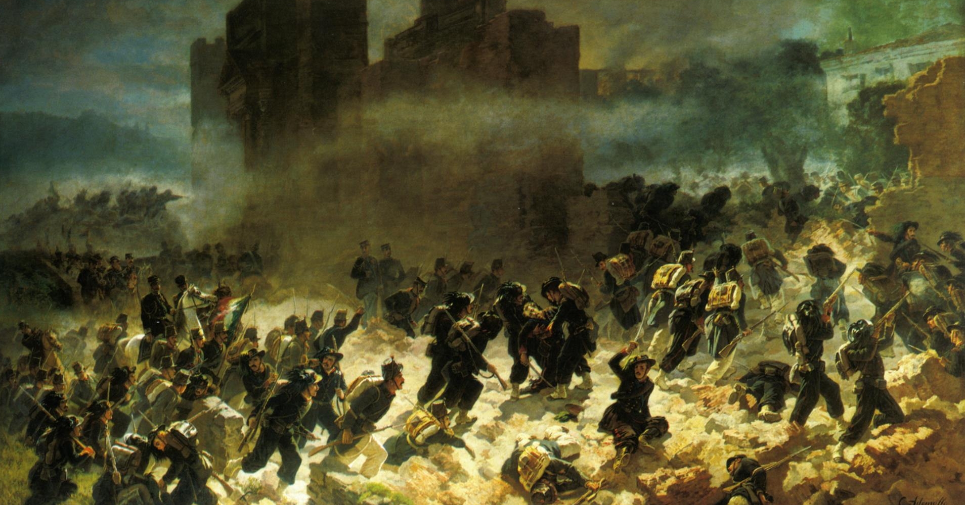 A painting of the Breach of Porta Pia on September 20, 1870, showing Italian Bersaglieri entering Rome.