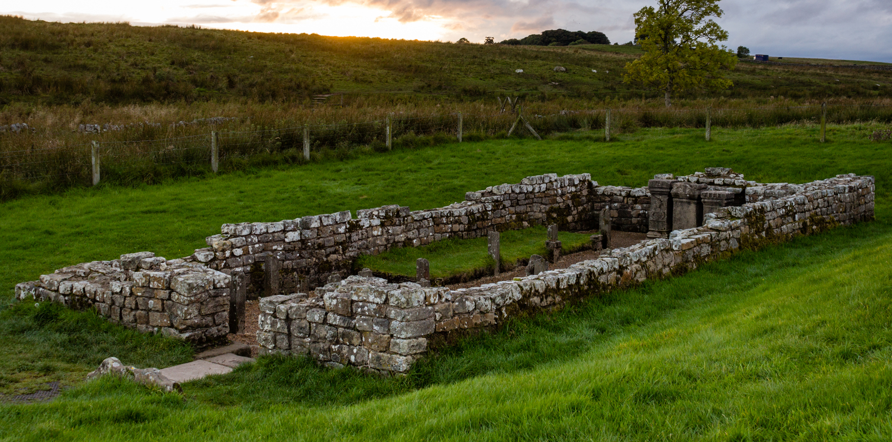 The ruins of the Mithraic temple at Carrawburgh on Hadrian's Wall.