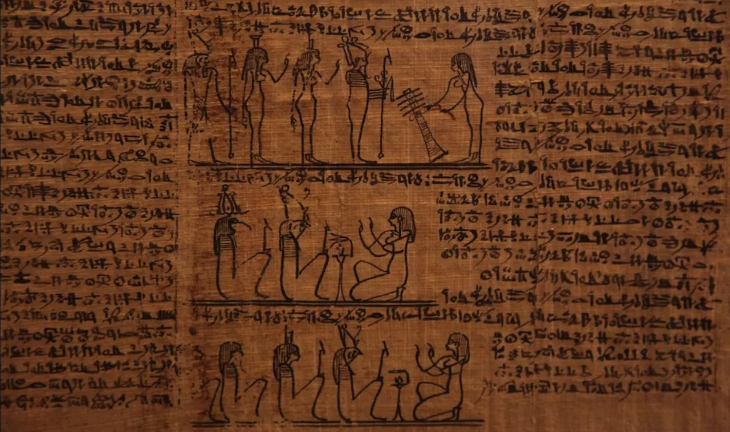 A depiction of an 18th-century illuminated manuscript page showing Egyptian-themed ritual settings, such as pyramids or mazes.