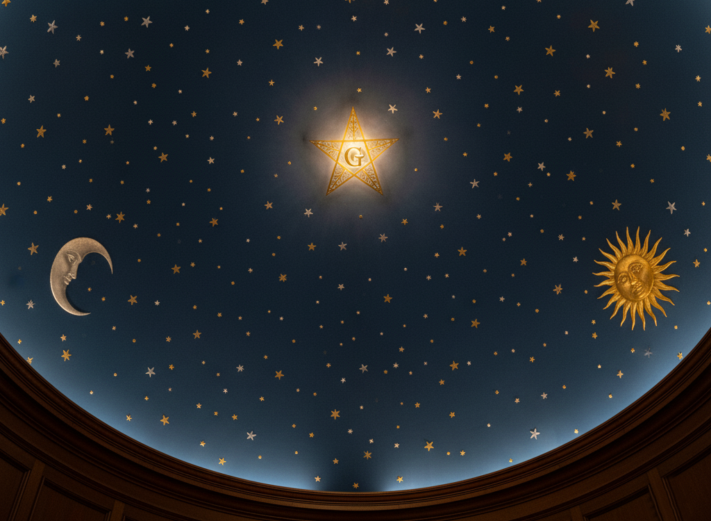 A depiction of a Masonic lodge ceiling, known as the Starry Vault or Voûte Etoilée, with the Sun and Moon.