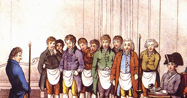 An 18th-century illustration of a French Masonic lodge meeting, showing members in regalia.
