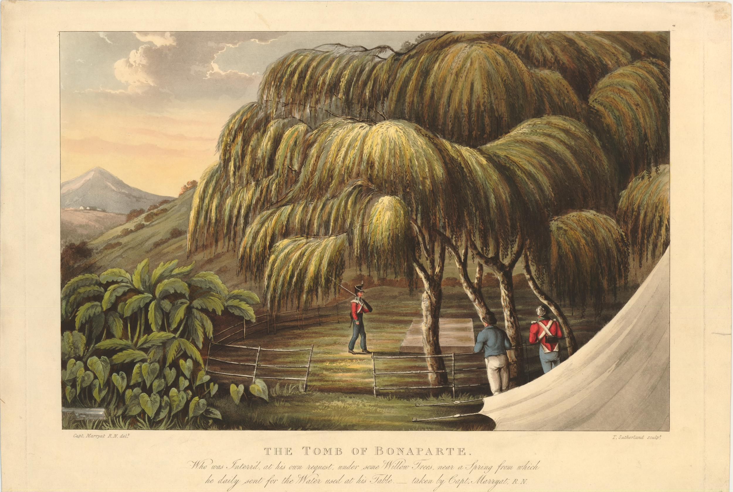 A 19th-century illustration of Napoleon's first grave on St. Helena, shaded by willow trees.