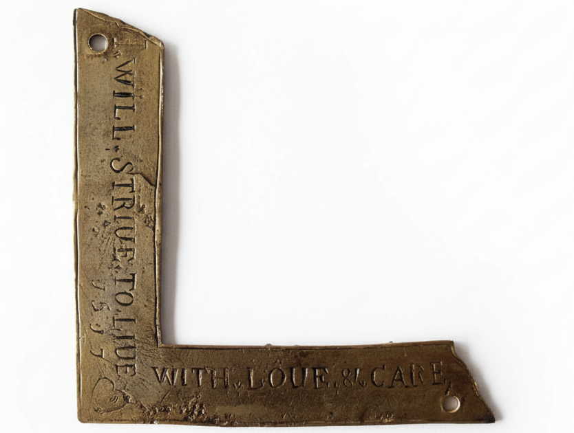 A detailed etching or drawing of the inscription: 'I will strive to live with love & care upon the level by the square.'