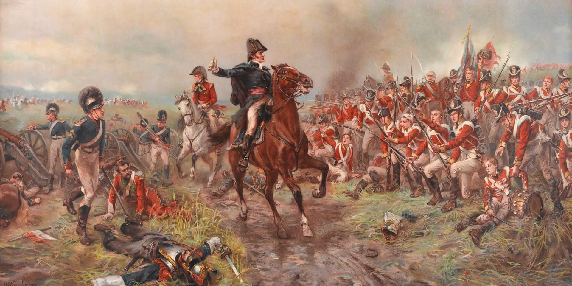 A painting depicting Napoleon Bonaparte during his final defeat at the Battle of Waterloo in 1815.