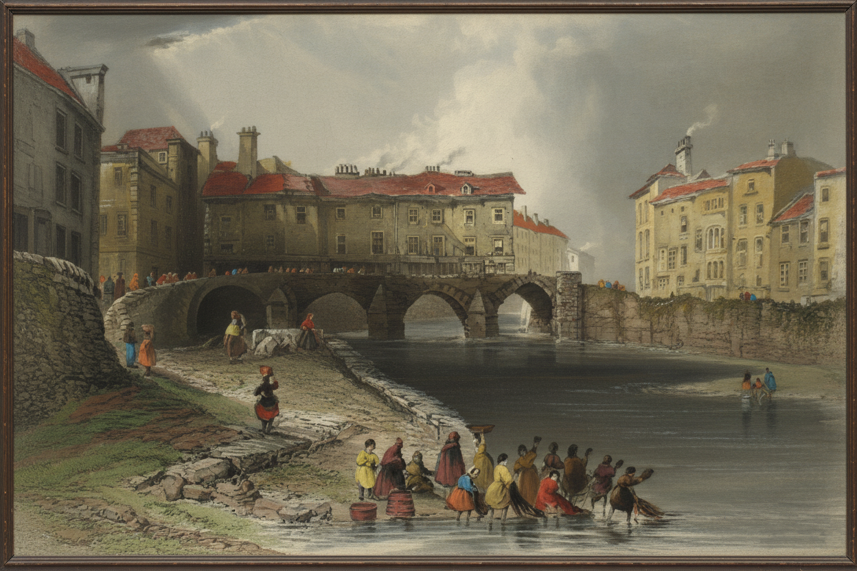 A 19th-century or modern photo of the single-arch Baal's Bridge in Limerick, Ireland.
