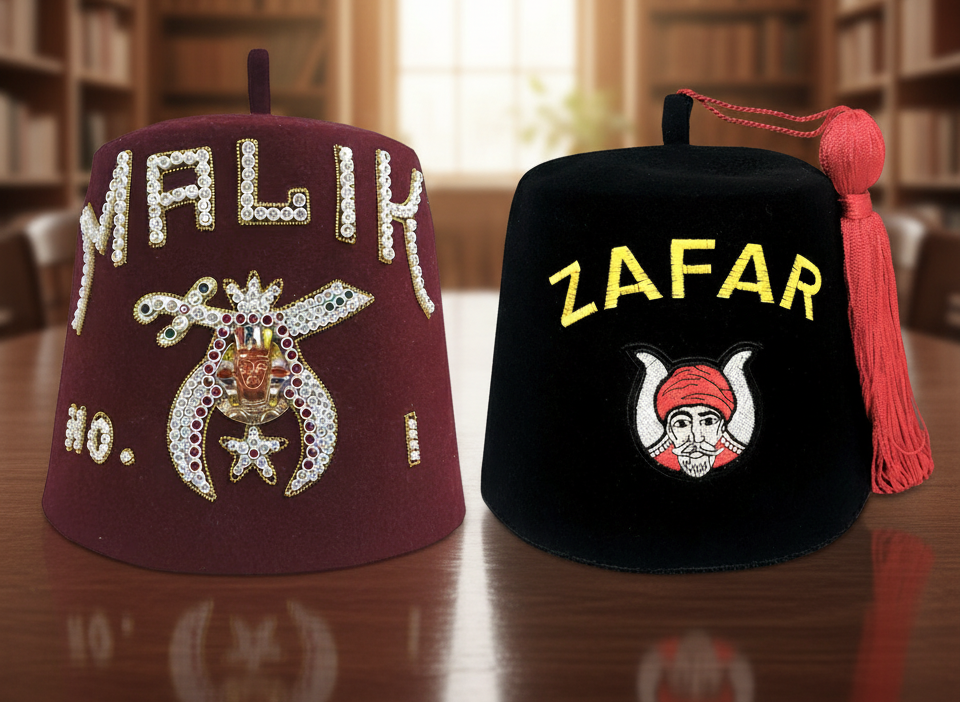A side-by-side comparison of the Grotto's black fez and the Shriner's red fez.
